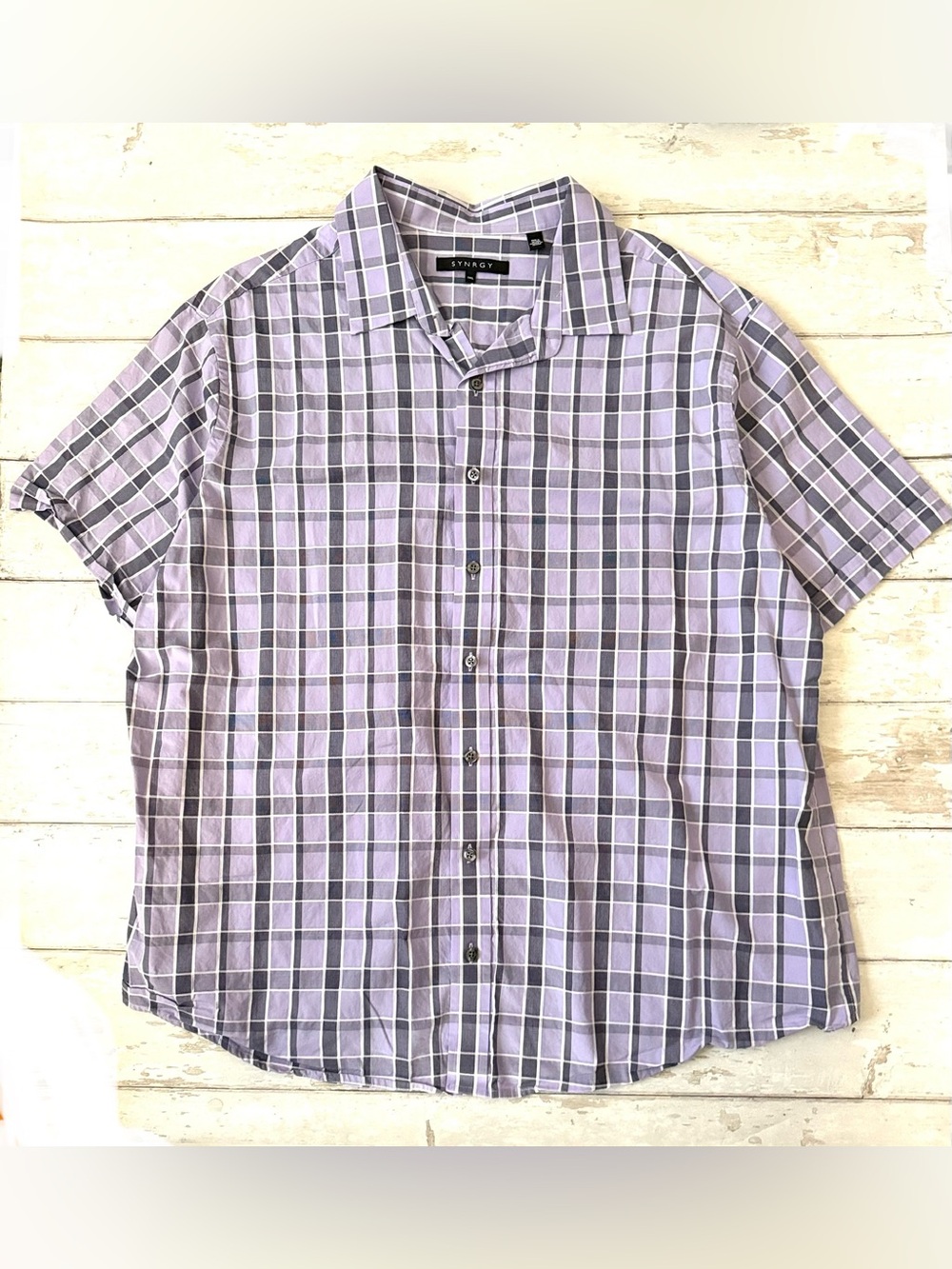 Synrgy XL Men’s Plaid Button Up Shirt Purple Blue Checker X Large Mens Organic